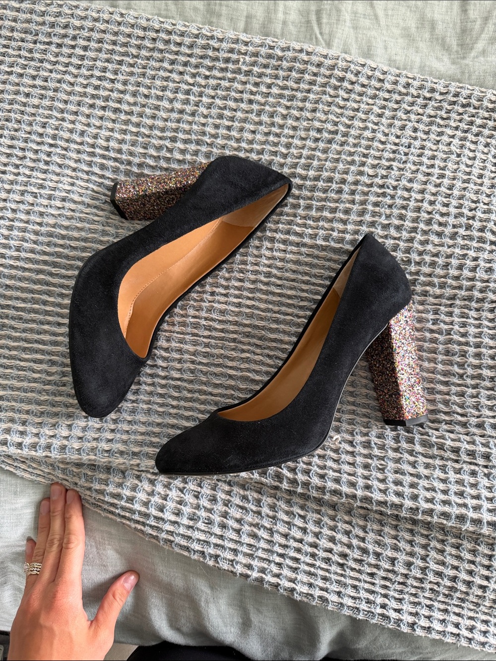 J. Crew Black Suede Pumps with Multicolor Glitter Block Heel